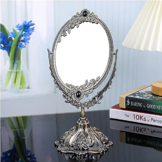 Guppy 15 inch Metal Vintage Makeup Mirror, Tabletop Oval Cosmetic Mirror, Vintage Swivel Double Sided Cosmetic Mirror with Embossed Frame Stand Base, Retro Mirror for Dresser Gift-Antique Bronze