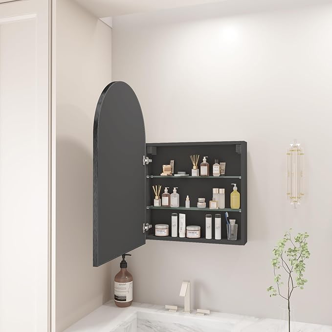 FKWin Bathroom Mirror with Storage, Medicine Cabinet Mirror for Left or Right Opening, Surface Mount Medicine Cabinet not Recessed, Bathroom Vanity Mirror with Storage, Black, 20x30 inch