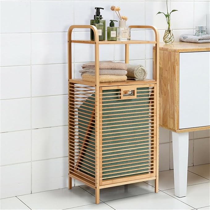 Bamboo Bathroom Storage Shelf with Tilt Out Laundry Hamper Tall Freestanding Organizer with Two Open Shelves for Towels and Toiletries Removable Fabric Bin 38 Inch Height Bathroom Furniture