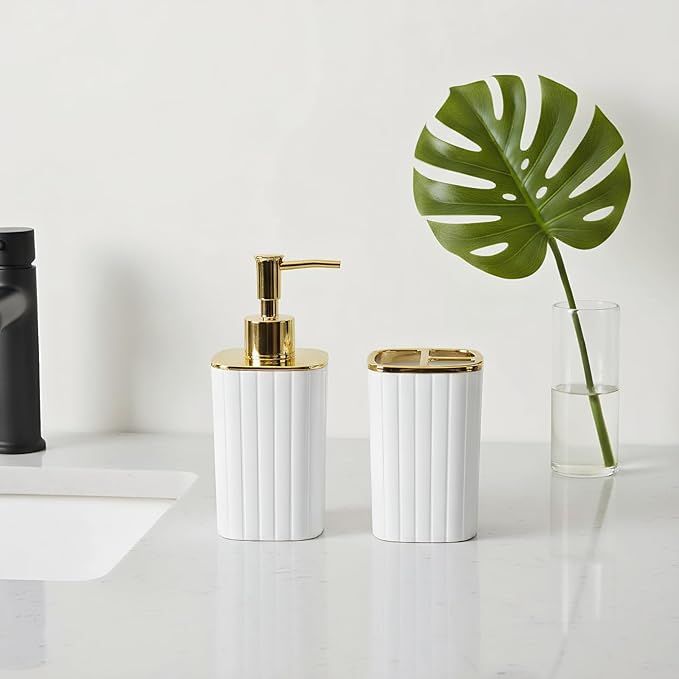 2Pack Bathroom Accessories Set, White Bathroom Set. Bathroom Toothbrush Holder Set, Includes Dispenser and Toothbrush Holder. Bohemian Bathroom Accessories