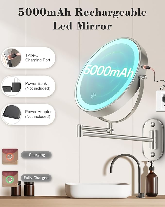 vpu 9" Wall Mounted Makeup Mirror with Light, 20X/1X Height Adjustable Double Sided Magnifying Bathroom Lighted Mirror, 3 Color Touch Dimmable Extended Arm 360 Rotation Light up Magnification Mirrors