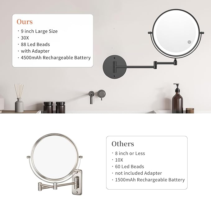 FUNTOUCH 5000mAh Rechargeable Wall Mounted Makeup Mirror with Lights, 8.7" Double Sided 1X/30X Magnifying Mirror with Dimmable 3 Color Light, Extended Swing Arm 360° Wall Mount Bathroom Mirror, Black