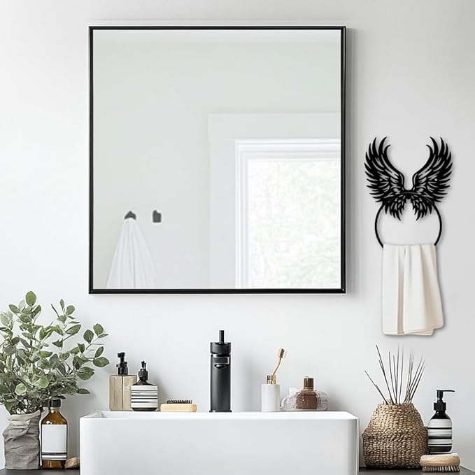 MAYJOYDIY Angel Wings Metal Towel Ring Feather Wings Towel Holder Bath Towel Ring for Wall Black Art Towel Rack Wall Mounted for Bathroom Kitchen Towel Hanger Home Decors Gift