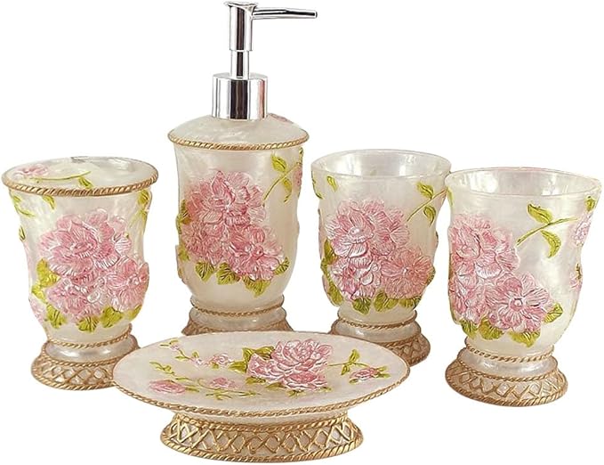 Vintage Bathroom Accessories, 5Piece Bathroom Accessories Set, Bathroom Set Features, Soap Dispenser, Toothbrush Holder, Tumbler & Soap Dish - Bath Gift Set