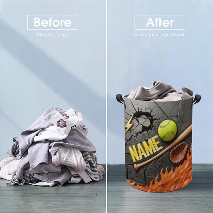 Personalized Softball Laundry Hamper Custom Name Funny Dirty Clothes Laundry Basket Portable Storage Basket For Home Bathroom Family Softball Lovers Xmas Birthday (style 6)