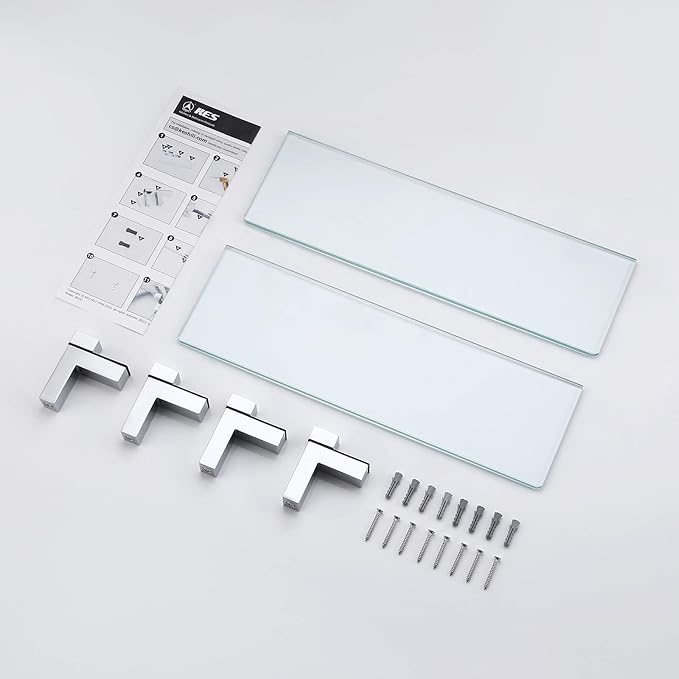 KES 2 Pack Bathroom Shelf with Rectangle Tempered Glass and Polished Chrome Bracket Tempered Glass Rectangular 1 Tier, BGS3201S40-P2+A4126A
