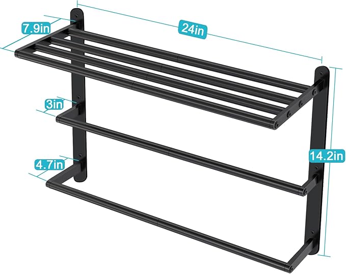 Towel Racks for Bathroom, 24 in Black Towel Shelf with Double Towel Bar, 3 Tier Stainless Steel Towel Storage, Bath Towel Holder Wall Mounted for Lavatory Organizer Decor RV Camping