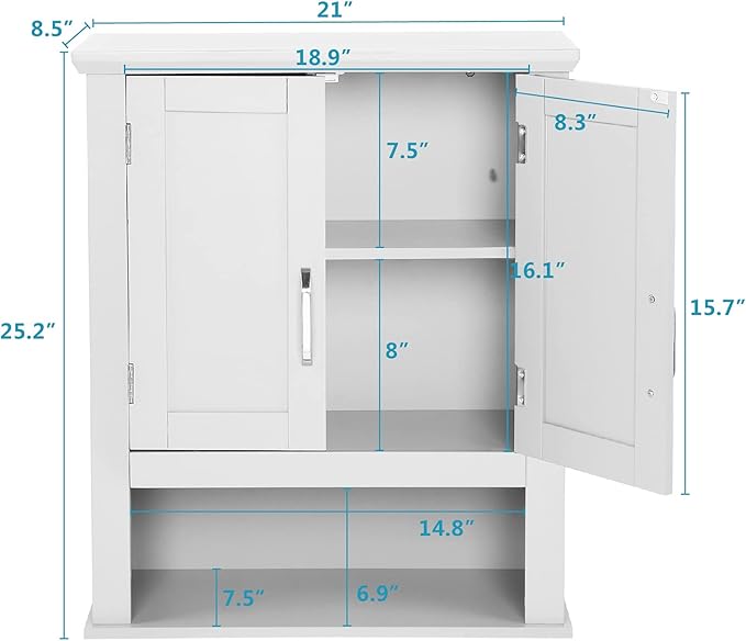 VINGLI Bathroom Wall Cabinet 21"x8.5"x25" Modern White Medicine Wall Mount Bathroom Cabinet Organizer Over The Toilet Storage with 2 Doors 1 Adjustable Shelf for Restroom Laundry Room Home Furniture