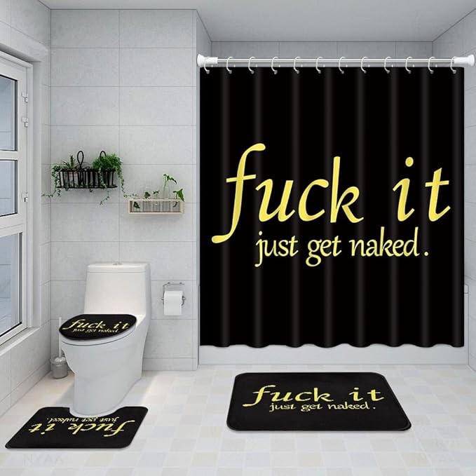 ArtSocket 4PC Black Funny Get Naked Shower Curtain Sets Bathroom Decor with Rugs, Non-Slip Rug,Toilet Lid Cover, Bath Mat and 12 Hooks 72x72 inches
