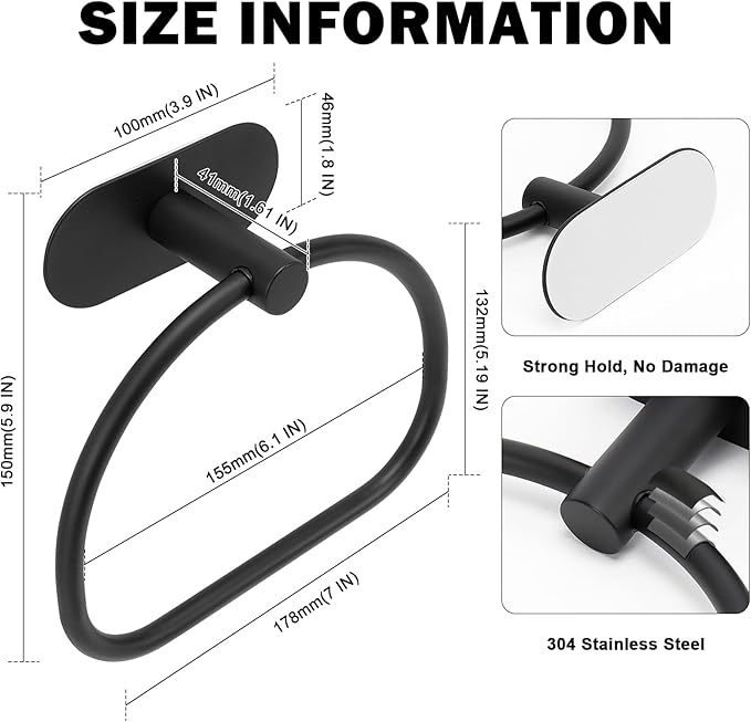 Livabber Towel Ring for Bathroom, 304 Stainless Steel Hand Towel Holder, Heavy Duty Towel Hanger for Bath, Kitchen, Hotel (4″ Self-Adhesive Base, Black)