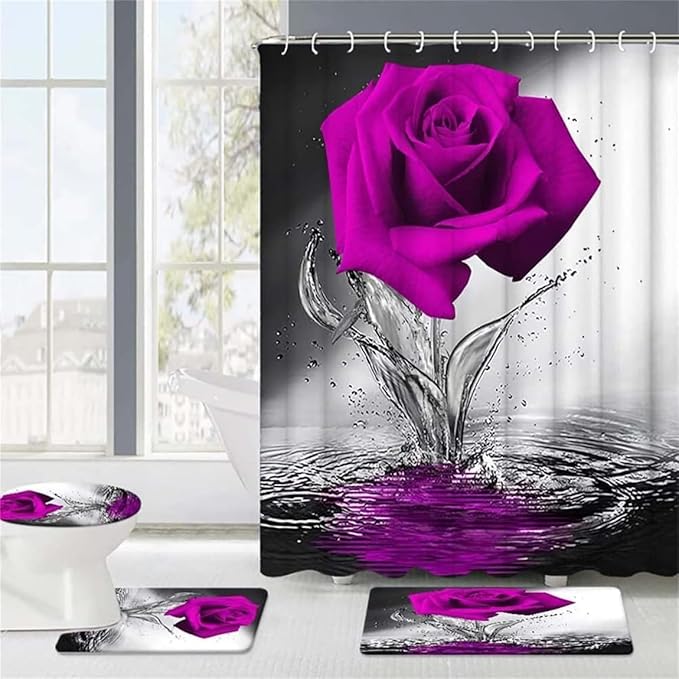 Pink Rose Bathroom Sets with Shower Curtain and Rugs Water Pink Rose Shower Curtain Set with Non-Slip Rugs,Bath Mat,Toilet Lid Cover and 12 Strong Hooks,Modern Style Shower Curtain for Bathroom