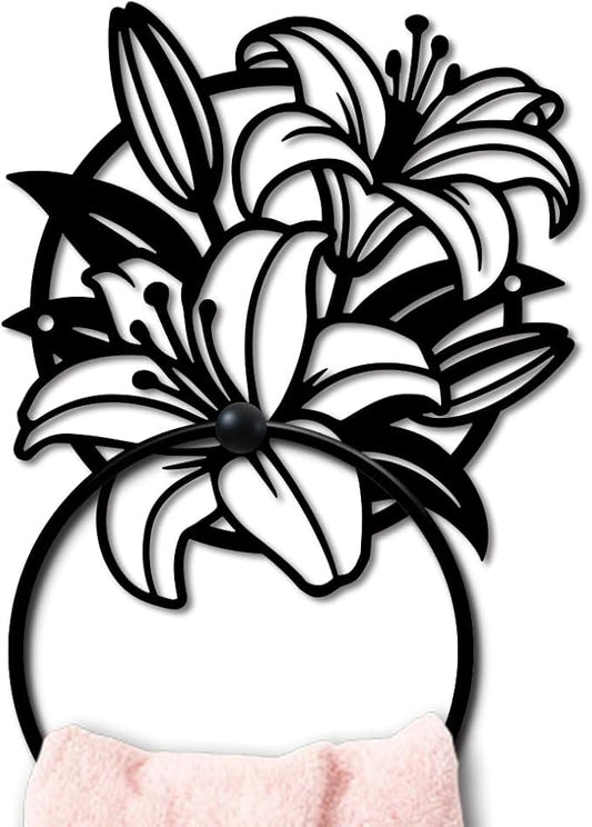 MAYJOYDIY Lily Bouquet Metal Towel Ring Round Flower Leaves Hand Towel Holder Fragrant Ring Hanger Wall Mount Black Vintage Towels Wall Organizer for Kitchen Bath Home Laundry Room Decors Gifts