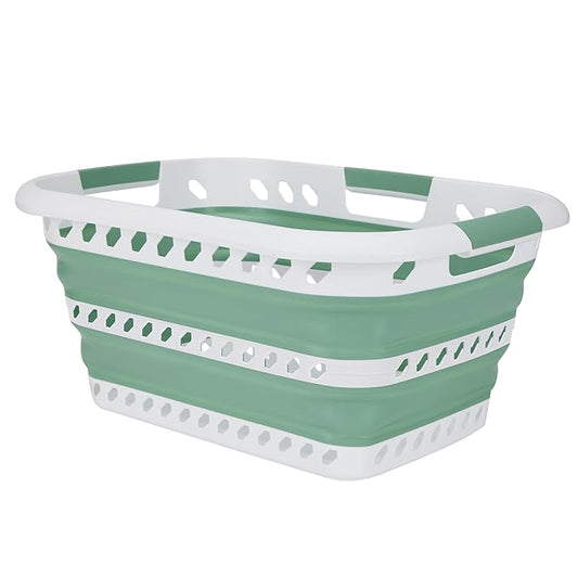 Laundry 360 Collapsible Laundry Basket | Portable | Space Saver Storage | Hold 2 Loads | Store Under the Bed or Closet | Good for Kids | Dorm | Bedroom | Large | White/Sage