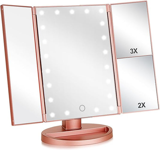 Flymiro Tri-fold Lighted Vanity Makeup Mirror with 3x/2x Magnification,Light up Mirror for Makeup,Touch Screen 21 LEDs,180° Rotation Countertop Cosmetic Mirror,Gifts for Women Mom Teen Girls