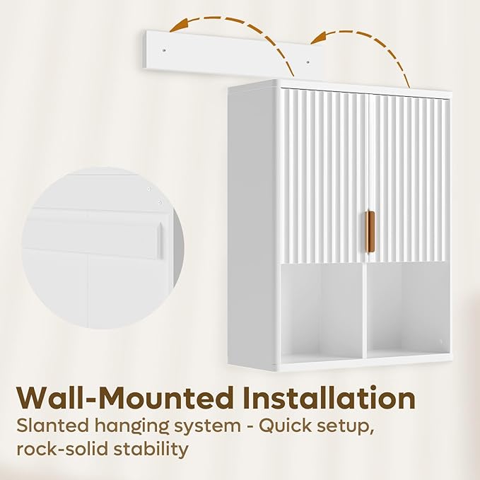 Besiter Fluted Bathroom Wall Cabinet, 23"x 29" Wall Mounted Medicine Cabinet with 2 Doors & Adjustable Shelves, Over The Toilet Storage Cabinet for Laundry Rroom, Kitchen & Living Room (Glossy White)