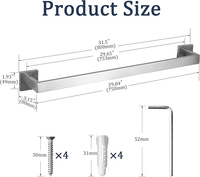 SEIDO 32 Inch Brushed Nickel Towel Bar, Heavy Duty & Rust-Proof 304 Stainless Steel Bath Towel Holder, Modern Square Wall Mounted Towel Rack for Bathroom, Kitchen, RV