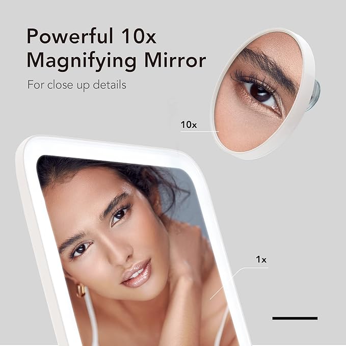 Fancii Rechargeable LED Travel Makeup Mirror with 3 Color Settings - Detachable 10x Magnifying Mirror, Dimmable Touch Light, Adjustable Kickstand, Lighted Portable Vanity Mirror (Aura Go 2)