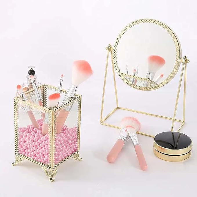 HKS Makeup Brush Holder Vintage Glass Handmade Organizer with Pink Pearls for Nail Brush, Vanity, Bathroom, Dresser, Countertop - Gold