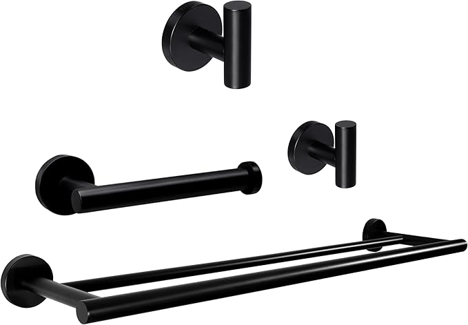 SEIDO 4-Piece Matte Black Bathroom Accessories Set – 24 Inch Double Towel Bar with Toilet Paper Holder & 2 Hooks - SUS 304 Stainless Steel Wall Mounted Hardware Kit for Bathroom, Laundry Room
