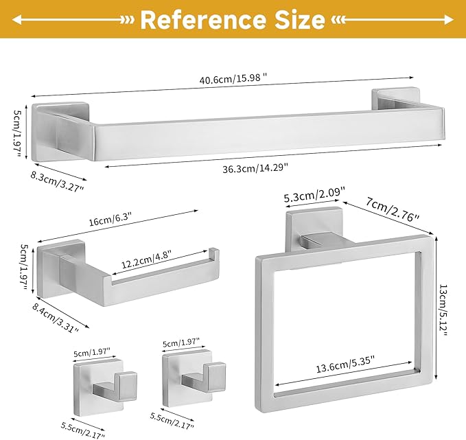 5 Piece Bathroom Towel Bar Set - SUS304 Stainless Steel Brushed Nickel Bath Towel Holder, 16 Inch Towel Racks for Bathroom Wall Mounted, Bathroom Hardware Accessories Set