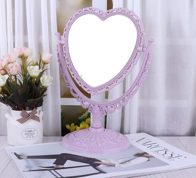 AKOAK Heart-Shaped Cosmetic Mirror - Plastic, Double-Sided, Rotatable, Lightweight - Bathroom & Bedroom Mirror (Purple)