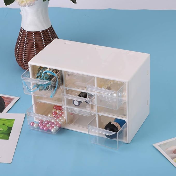Portable Drawer Storage Box for Jewelry and Cosmetics Compact White Cabinet with Transparent Lattice Design Fits Desktops or Wall Mount