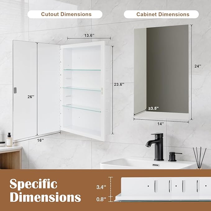 16x26'' Bathroom Medicine Cabinet Mirror with Storage, Surface Mount or Recessed Medicine Cabinet with 4-Tiered Adjustable Tempered Glass Shelves