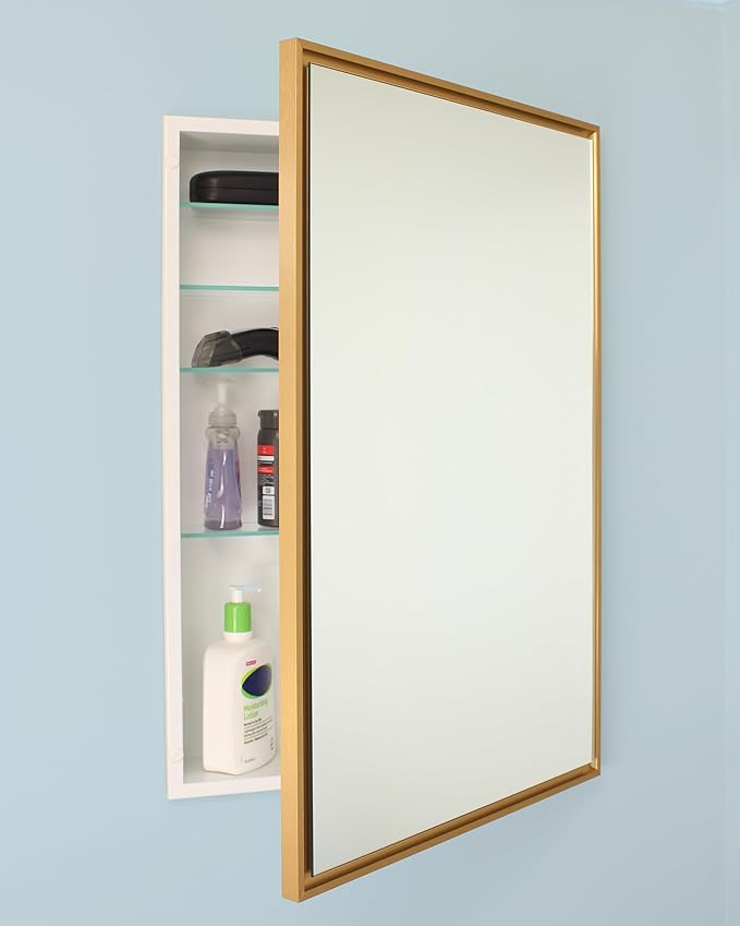 Fox Hollow Furnishings 20x30 Parker Metro Metal Framed Rectangle Recessed Bathroom Medicine Cabinet, Floating Mirror, 18x28 in-Wall Opening, Steel, Adjustable Glass Shelves, Magnet Close, Gold