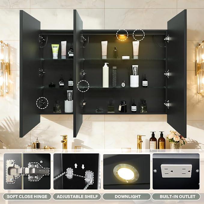 LED Medicine Cabinet,48x32inch,Recess Mirror Cabinet for Bathroom,3 Color,Dimmable,Demister, Detachable Side Panel for Recess Mount or Surface Mount,USB Shaver Socket, Internal Lighting