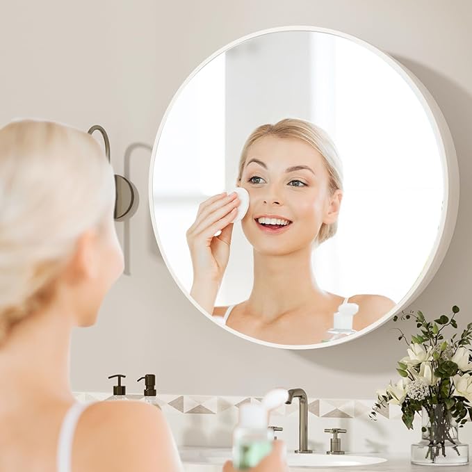 30 x 30 Inch Round White Mirror Medicine Cabinet Surface Mounted, Circular Modern Bathroom Medicine Cabinet with Mirror, Metal Framed Medicine Cabinets with Tempered Glass Mirror