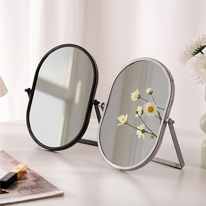 Metal Stand Adjustable Makeup Vanity Mirror Portable Black Small Desktop Mirror with 180° Rotation Desk Mirrors for Dressing Room,Bedroom, Bathroom,Tabletop
