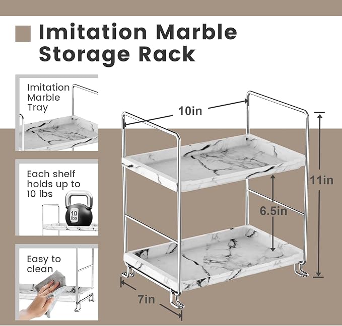 2-Tier Bathroom Organizer Countertop Perfume Makeup Shelf Cosmetics Storage Shelf Display Rack Vanity Dresser,Kitchen Spice Rack,Plastics Imitation Marble Design,Tool-Less Install(Sliver)