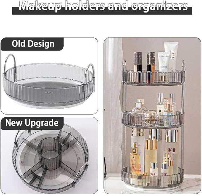shuang qing Rotating Makeup Organizer for Vanity, High-Capacity Skincare Clear Make Up Storage Perfume Organizers Cosmetic Dresser Organizer Countertop 360 Spinning (Gray, New-3 Tier)