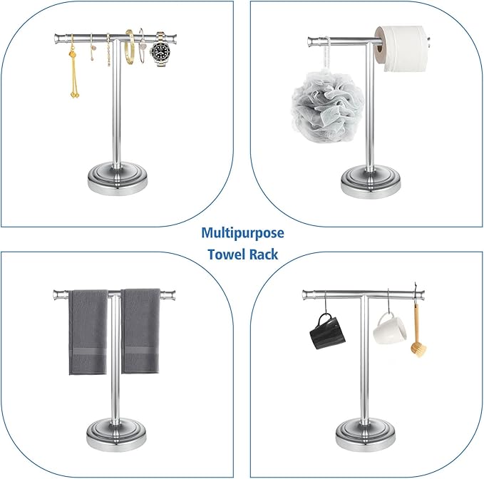 RUMOSE 13 Inch Polished Chrome Towel Stand Hand Towel Holder Bathroom Kitchen Vanity Countertop T-Shape Towel Rack Free Standing Stainless Steel Towel Bar Towel Ring