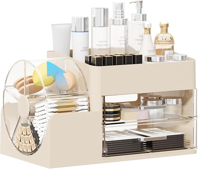 Makeup Organizer with Large Capacity,Stain-ResistantRotating Clear Compartment and 2 Drawers for Cosmetics and Skincare Storage – Vanity Countertop Organizer for Bathroom and Bedroom (All Cream)