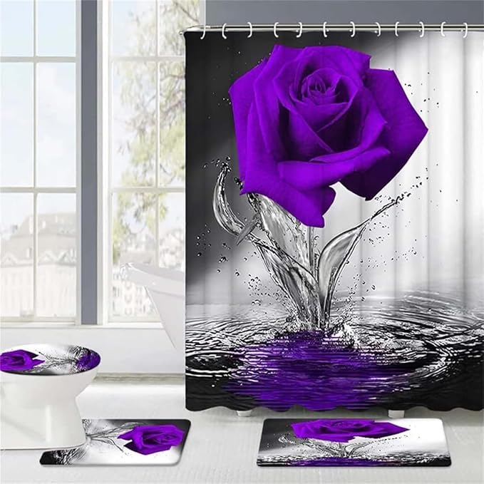 Purple Rose Bathroom Set with Shower Curtain and Non-Slip Rugs, Bath Mat, Toilet Lid Cover and 12 Strong Hooks, Modern Style