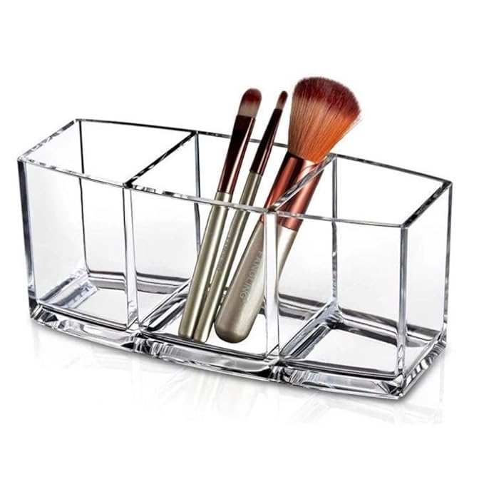 Hekyip Cosmetic case Clear Makeup Brush Holder, 3 Slot Acrylic Cosmetic Brushes Storage, Eyeliners Eyebrow Pencil Display Case
