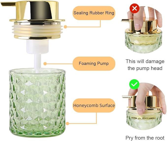 Bathroom Accessories Set 2pcs Glass Foaming Soap Dispenser and Toothbrush Holder for Bathroom Countertop, Green Glass Bathroom Assessory Set with Gold Decor