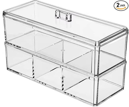 Hair Accessories Organizer for Girls - 2-Pack Clear Acrylic Stackable Drawers with Lids, Bathroom Vanity Storage for Clips, Scrunchies, Bobby Pins, Kids’ Bedroom & Dorm Organizer