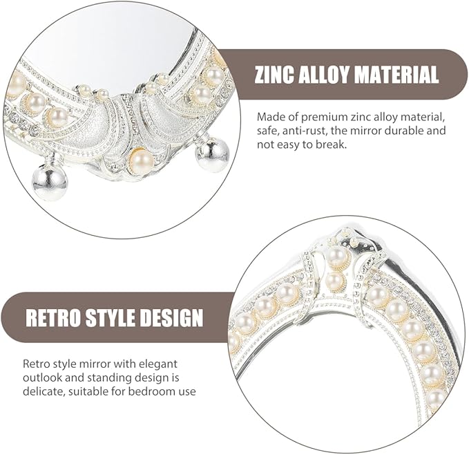 Hemoton Vintage Makeup Mirror with Retro Pearl Frame Desktop Vanity Mirror for Dressing Table High Definition Cosmetic with Stable Stand Elegant Room Decor