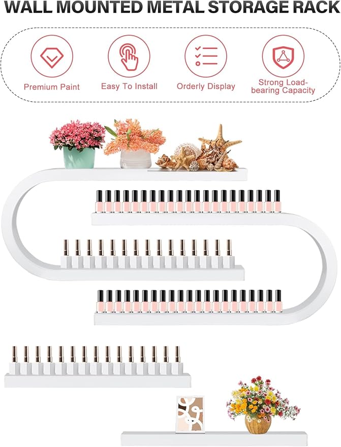 Lorvain 6PS Metal Wall Mounted Nail Polish Storage Racks, White Display Rack U Shape Cosmetic Display Case Lipstick Perfume Wall Shelf Essential Oil Organizer for Nail Polish Bottles Spa Nail Salon