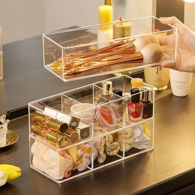 Acrylic Makeup Organizer: Drawer Organizer for Bathroom - Stackable Cosmetic Display Cases for Vanity Countertop and Makeup Storage Containers (3-Compartment)