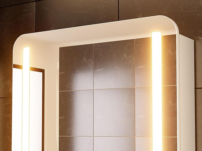 32x24 inch LED Lighted Bathroom Medicine Mirror Cabinet with Sockets & USBs, Anti-Fog Dimmable Light and Color Adjustment, Adjustable Shelves, Flat-Pack Design – Assembly Required