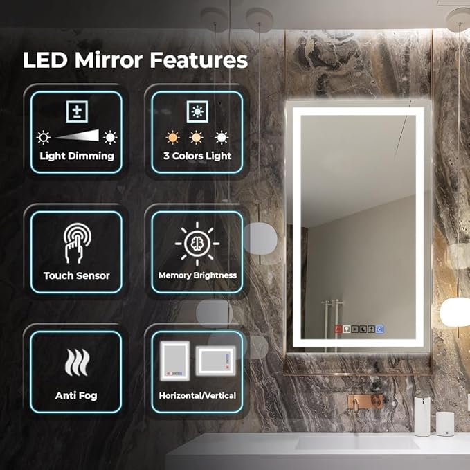 48x30 Inch Rectangular LED Bathroom Mirror with Lights Front and Backlit, 3 Color Modes, Touch Dimmer, Anti-Fog - Wall Mounted Vanity Mirror for Bathroom, Bedroom - Fab Glass and Mirror