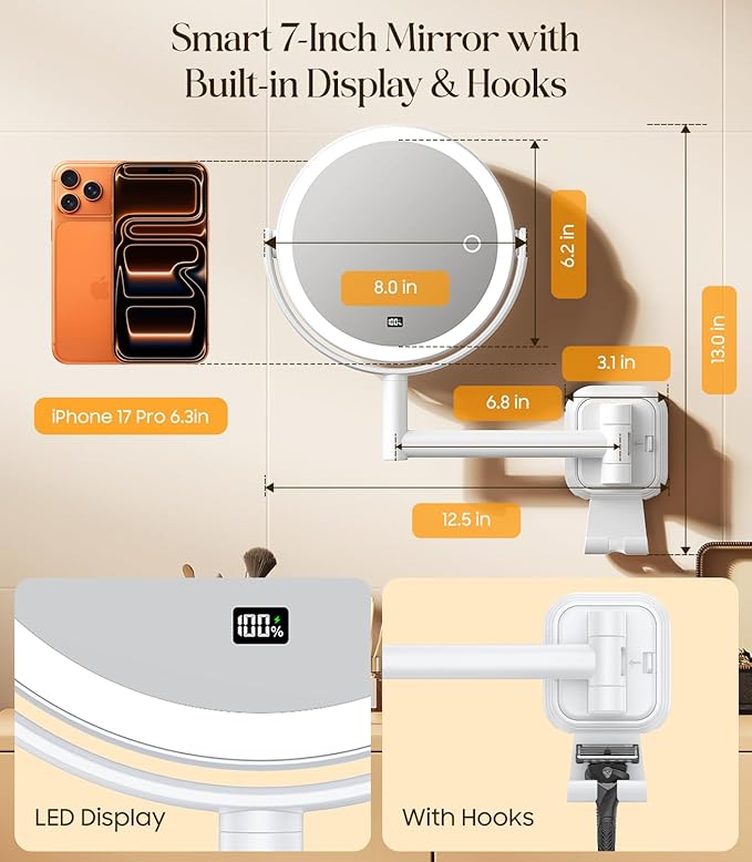 Gospire No Drilling Wall Mounted Lighted Makeup Mirror with Magnification 10X, 7 Inch Rechargeable Magnifying Vanity Mirror with Hooks, LED Display & 3 Light Modes for Bathroom