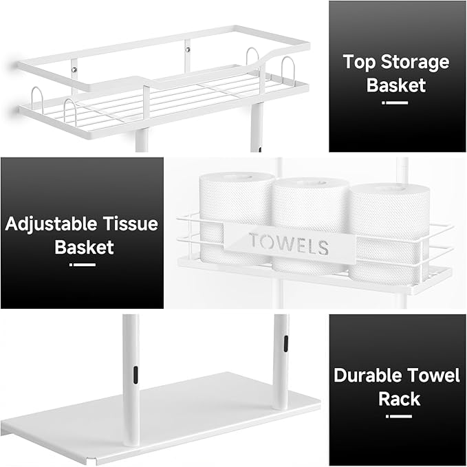 Towel Racks for Bathroom, 30inch Wall Mounted Towel Rack, Towel Storage for Small Bathroom Can Holds 6 Large Towels, Floating Shelf with Adjustable Tissue Basket.(White)