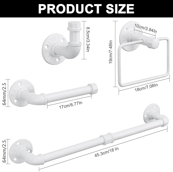 4-Pieces Industrial Pipe Bathroom Towel Ring Kit DIY Wall Mount Accessories Kit Includes Robe Hook Towel Bar and Towel Ring (White 18 inch)