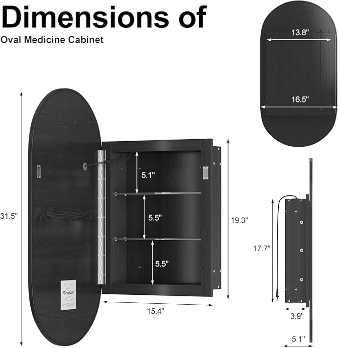 Led Oval Medicine Cabinet Mirror for Bathroom,Oval Recessed Black Medicine Cabinet with Mirror,3 Color Adjustable,Lighted Bathroom Cabinet with Storage Wall Mounted,16x31Inch