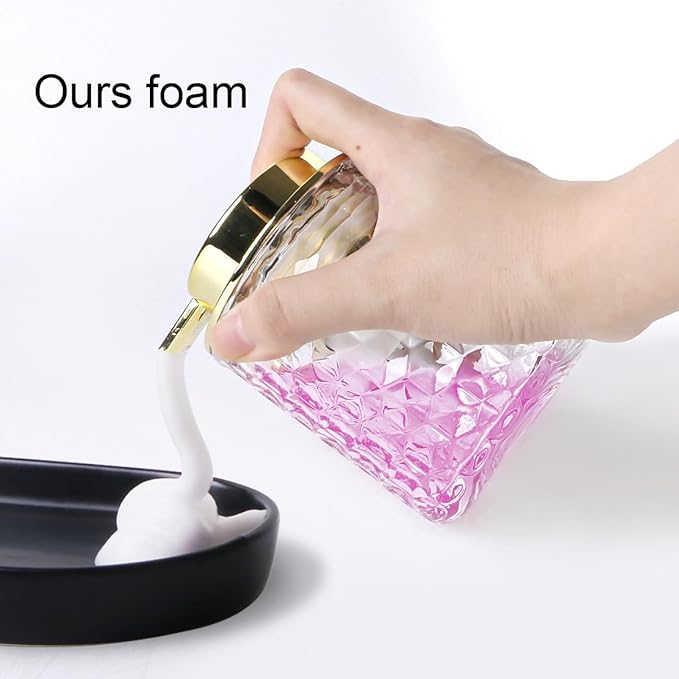 Bathroom Accessories Set 2pcs Glass Foaming Soap Dispenser and Toothbrush Holder for Bathroom Countertop, Clear Glass Bathroom Assessory Set with Gold Decor