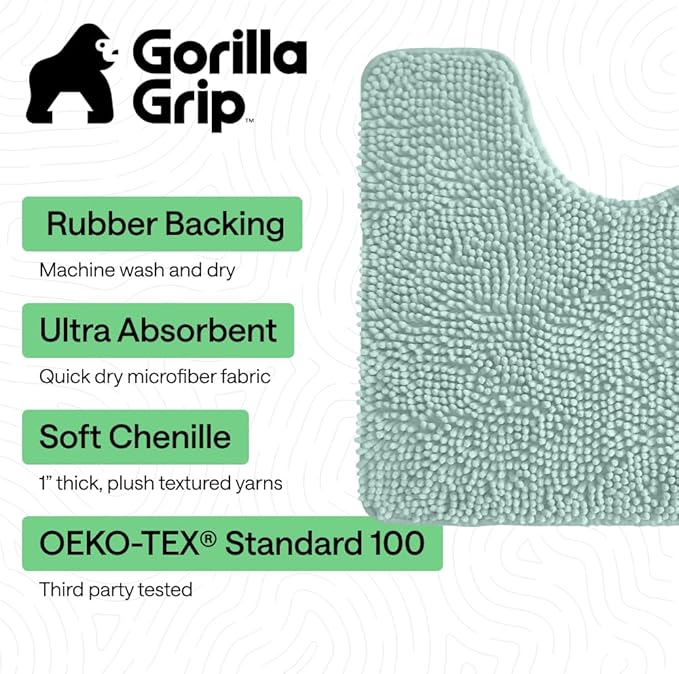 GORILLA GRIP Plush Absorbent Shaggy Chenille Bath Rug Mat for Oval Toilet Base with Rubber Backing, Machine Washable Rugs, Soft Microfiber Contour Mats for Toilets, Bathroom Decor, Seablue